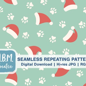 May include: Seamless repeating pattern featuring red Santa hats and white paw prints on a light green background. The text "M.B.M. Creative" is at the bottom of the image.