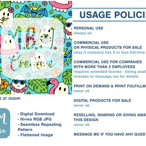 Puede incluir: Un patr&oacute;n digital sin costuras que presenta fantasmas, flamencos, hojas de palmeras y flores sobre un fondo turquesa. El patr&oacute;n est&aacute; disponible para descargar como un archivo JPG de alta resoluci&oacute;n. El texto "USAGE POLICIES" se muestra en el lado derecho de la imagen, describiendo los t&eacute;rminos de uso del patr&oacute;n.