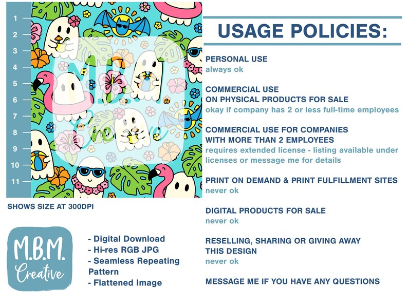 Puede incluir: Un patr&oacute;n digital sin costuras que presenta fantasmas, flamencos, hojas de palmeras y flores sobre un fondo turquesa. El patr&oacute;n est&aacute; disponible para descargar como un archivo JPG de alta resoluci&oacute;n. El texto "USAGE POLICIES" se muestra en el lado derecho de la imagen, describiendo los t&eacute;rminos de uso del patr&oacute;n.