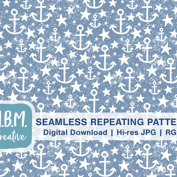 Distressed Stars & Anchors in Blue Seamless Repeat Pattern Commercial Use, Nautical Digital Download, Anchor Seamless File