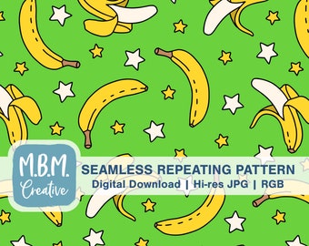 Plátanos y estrellas en patrón de repetición verde sin costuras para uso comercial, descarga digital de frutas tropicales, patrón de repetición de verano para niños lindos