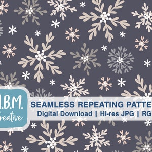 May include: A seamless repeating pattern featuring a variety of snowflakes in shades of pink, white, and gray on a dark blue background. The text "M.B.M. Creative" appears in a white rectangle at the bottom of the image.