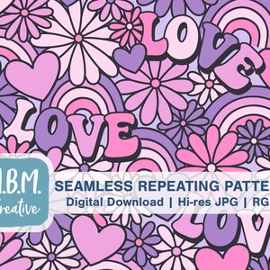 Może przedstawiać: Bezszwowy powtarzalny wzór w odcieniach różu, fioletu i bieli. Projekt przedstawia kwiaty, serca, tęcze i słowo "LOVE". Obraz zawiera tekst "M.B.M. Creative" i "SEAMLESS REPEATING PATTERN".