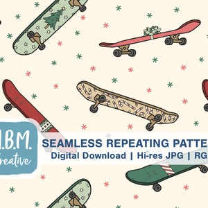 Christmas Skateboards on Cream Seamless Repeat Pattern for Commercial Use, Skater Holiday Digital Download, Teen Boy Seamless File