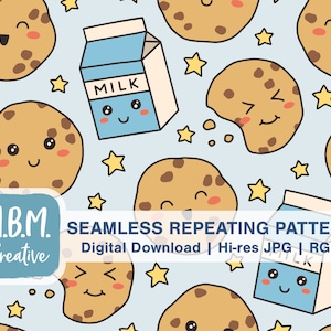 Kawaii Milk & Cookies on Blue Seamless Repeat Pattern for Commercial Use, Dessert Food Seamless File, Cute Kids Cookie Digital Download