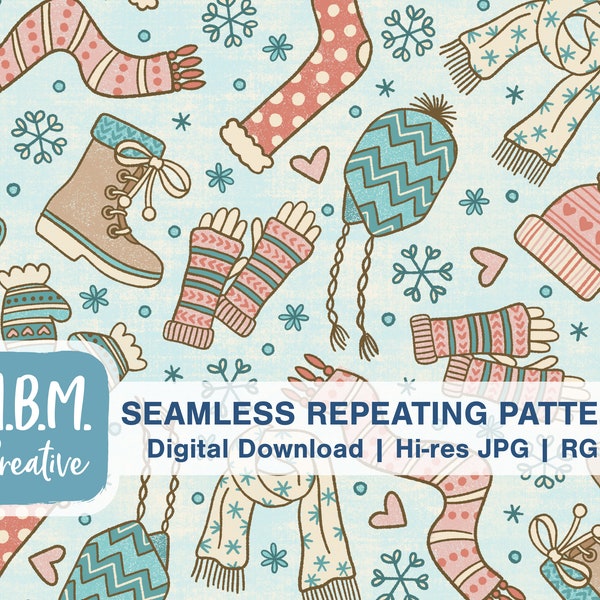 Cute Winter Accessories Seamless Repeat Pattern for Commercial Use, Holiday Snow Digital Download, Scarf Gloves Hat Seamless File