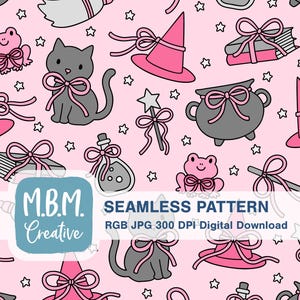 May include: A seamless pattern with illustrations of witch hats, cats, frogs, potion bottles, cauldrons, wands, and books, all with bows. The design is set against a light pink background with scattered stars.
