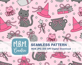 Cute & Witchy with Bows in Pink and Gray Seamless Repeat Pattern Commercial Use, Creepy Kawaii Witch Hat Cat Frog Cauldron Download