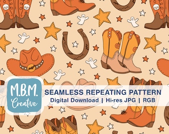 Halloween Cowboy on Brown Seamless Repeat Pattern, Spooky Cowboy Boot Hat Illustration, Wild West Halloween Pattern, Cowgirl Halloween