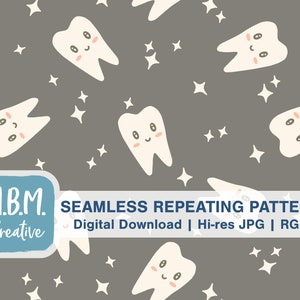 Sparkling Clean Kawaii Teeth on Gray Seamless Repeat Pattern for Commercial Use, Cute Dental Hygienist Dentist Digital Download
