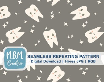 Sparkling Clean Kawaii Teeth on Gray Seamless Repeat Pattern for Commercial Use, Cute Dental Hygienist Dentist Digital Download