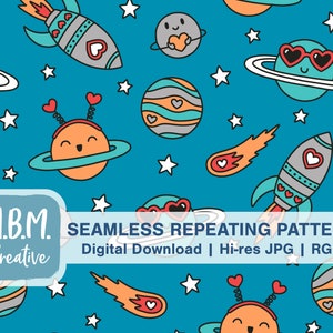 Puede incluir: Un patrón sin costuras repetitivo con planetas, cohetes y estrellas fugaces de dibujos animados en un fondo azul. Los planetas tienen corazones y gafas de sol, y los cohetes tienen corazones en ellos. El patrón es perfecto para usar en scrapbooking, creación de tarjetas y otros proyectos de manualidades.