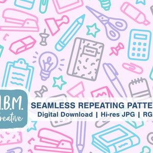 School Chunky Doodles on Pink Seamless Repeat Pattern Commercial Use, Kids Back to School, Teacher Seamless, Girl School Supplies Download