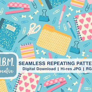 Cute School Supplies on Teal Seamless Repeat Pattern for Commercial Use, School Seamless File, Office Supply Digital Download
