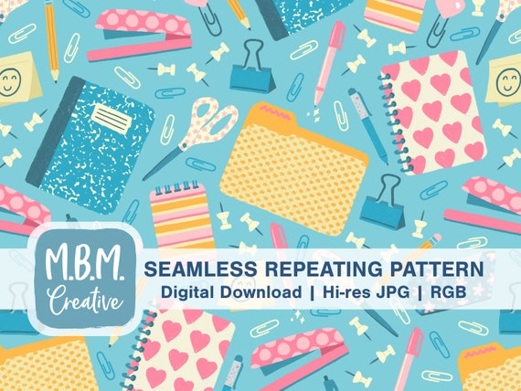 Cute School Supplies on Teal Seamless Repeat Pattern for Commercial Use, School Seamless File, Office Supply Digital Download