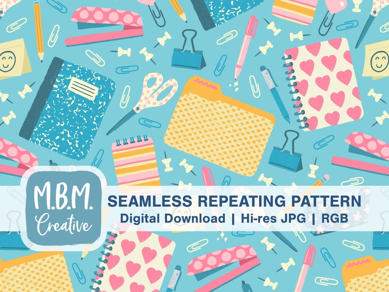 May include: A seamless repeating pattern featuring various school supplies on a light blue background. The pattern includes notebooks, folders, pencils, pens, scissors, staplers, push pins, and paper clips. The pattern is in a cartoon style with bright colors and a fun, whimsical feel.