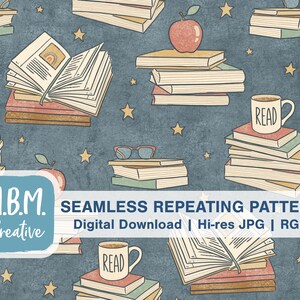 Stacks of Books on Blue Seamless Repeat Pattern for Commercial Use, School Seamless File, Reading Digital Download