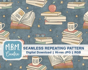 Stacks of Books on Blue Seamless Repeat Pattern for Commercial Use, School Seamless File, Reading Digital Download