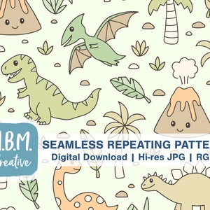 May include: A seamless repeating pattern featuring cartoon dinosaurs, palm trees, and volcanoes on a light green background. The pattern includes a green Tyrannosaurus Rex, a green Pterodactyl, a brown Stegosaurus, and an orange Brachiosaurus. The pattern also includes brown volcanoes with orange lava and white smoke.