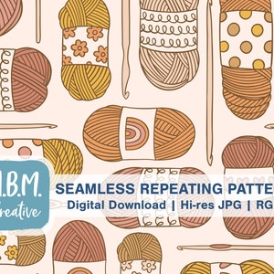 May include: A seamless repeating pattern featuring various yarn balls in shades of pink, orange, and yellow. The yarn balls are decorated with different patterns, including polka dots, flowers, and swirls. There are also knitting needles and crochet hooks included in the pattern.