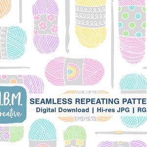 May include: A seamless repeating pattern featuring colorful yarn balls with different textures and designs, including polka dots, flowers, and stripes. The pattern also includes knitting needles and crochet hooks. The text "M.B.M. Creative" is included in the design.