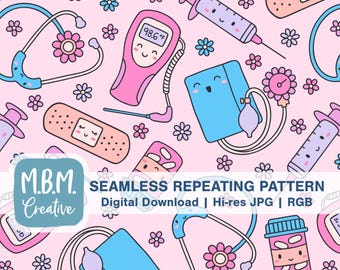 Kawaii Nurse Pattern on Pink Seamless Pattern Commercial Use, Cute Nurse Seamless Repeat Pattern, Healthcare Medical Digital Pattern