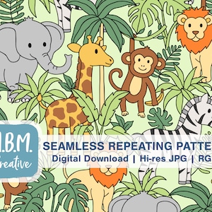 May include: A seamless repeating pattern featuring a variety of jungle animals, including a giraffe, zebra, elephant, lion, and monkey. The animals are drawn in a cartoon style and are surrounded by green leaves and palm trees. The pattern is perfect for use in a variety of projects, such as fabric, wallpaper, and wrapping paper.