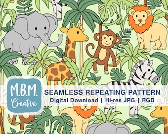 Bébé animaux du zoo sur vert motif répété sans couture usage commercial, fichier sans couture enfants mignons, éléphant girafe lion singe zèbre téléchargement