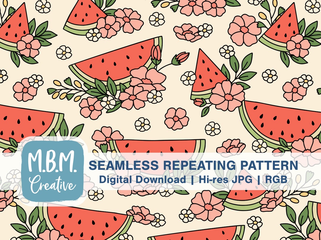 Watermelon Floral on Beige Seamless Repeat Pattern Commercial Use, Cute ...