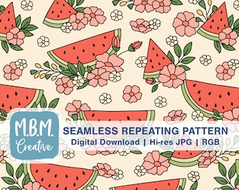 Anguria floreale su motivo ripetuto senza cuciture beige per uso commerciale, download di frutta estiva dolce e carina, carta digitale con anguria e fiori