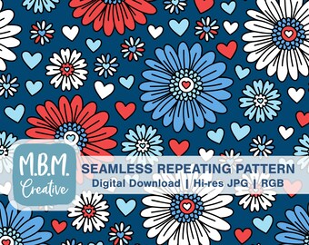 Patriotic Flowers & Hearts Seamless Repeat Pattern Commercial Use, 4th of July Floral Seamless File, Cute Red White Blue Floral Download