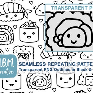 Kawaii Sushi Transparent Background PNG Seamless Repeat Pattern Commercial Use, Cute Japanese Food Seamless File, Outlines Digital Download