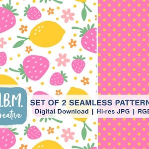 以下が含まれることがあります： 2つのシームレスパターン。1つは、白い背景にピンクのイチゴ、黄色のレモン、小さな花が描かれています。もう1つは、黄色の水玉模様のピンク色の背景です。画像には「SET OF 2 SEAMLESS PATTERNS」というテキストが含まれています。