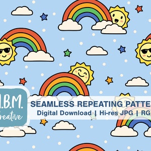 Może przedstawiać: Wzór bez szwów, który się powtarza, przedstawiający tęcze, chmury i uśmiechnięte słońca w okularach przeciwsłonecznych na jasnoniebieskim tle. Wzór idealnie nadaje się do wykorzystania w projektach cyfrowych lub produktach drukowanych.