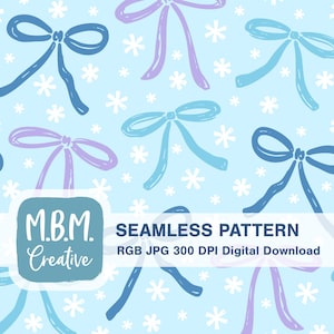 May include: Seamless pattern featuring hand-drawn bows in shades of blue and purple, interspersed with white snowflakes, on a light blue background. The design includes the text "M.B.M. Creative" and "SEAMLESS PATTERN".