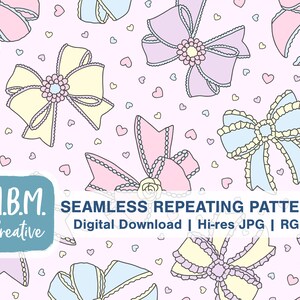 May include: A seamless repeating pattern featuring pastel pink, yellow, and blue bows with white outlines and small hearts on a pink background. The pattern is perfect for crafting projects, scrapbooking, and digital design.