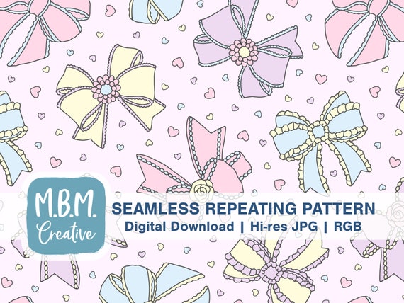 Fancy Bows in Pastels Seamless Pattern Commercial Use, Cute Ribbons and Hearts Seamless Repeat, Girly Pattern, Valentines Seamless File