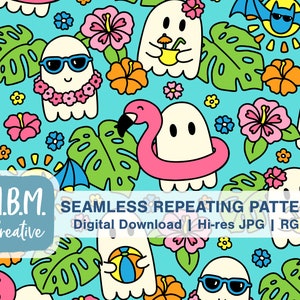 Summer Ghosts on Aqua Seamless Repeat Pattern Commercial Use, Spooky Cute Colorful Seamless File, Tropical Vacation Digital Download