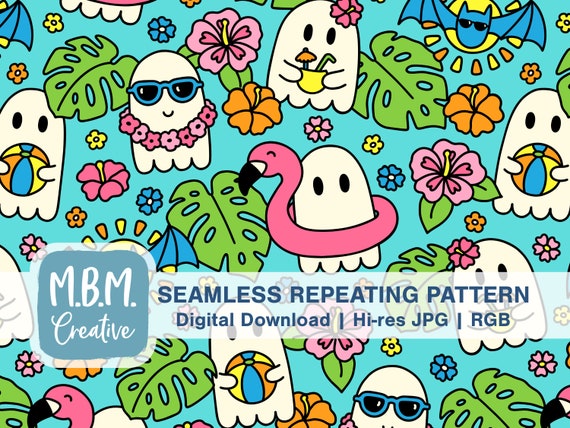 Summer Ghosts on Aqua Seamless Repeat Pattern Commercial Use, Spooky Cute Colorful Seamless File, Tropical Vacation Digital Download