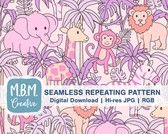 Baby Zoo Animals on Pink Seamless Repeat Pattern Commercial Use, Cute Kids Seamless File, Elephant Giraffe Lion Monkey Zebra Download