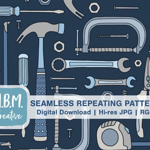 May include: A seamless repeating pattern featuring various tools in blue and gray on a dark blue background. The tools include a hammer, wrenches, pliers, a screwdriver, a tape measure, a clamp, and screws.