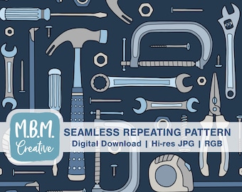 May include: A seamless repeating pattern featuring various tools in blue and grey on a dark blue background. The tools include a hammer, wrenches, pliers, a screwdriver, a tape measure, a clamp, and screws.