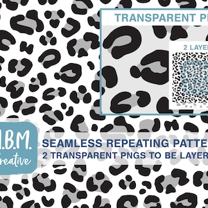 May include: A seamless repeating pattern of black and grey leopard spots on a white background. The pattern is available as two transparent PNG files that can be layered.