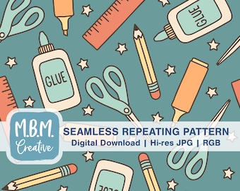 May include: A seamless repeating pattern featuring school supplies on a teal background. The pattern includes scissors, pencils, rulers, glue bottles, and star shapes. The text "M.B.M. Creative" and "SEAMLESS REPEATING PATTERN" is also included in the design.
