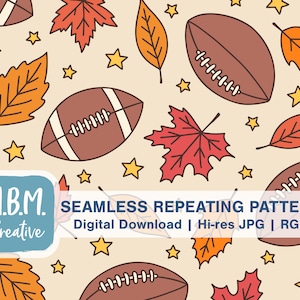 Pode incluir: Um padrão sem costura com bolas de futebol marrons, folhas de bordo laranja e vermelhas e estrelas amarelas sobre um fundo bege. O texto "M.B.M. Creative" e "SEAMLESS REPEATING PATTERN" está na parte inferior da imagem.