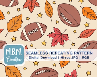 Football & Leaves on Beige Seamless Repeat Pattern Commercial Use, Fall Autumn Sports Seamless File, American Football Digital Download