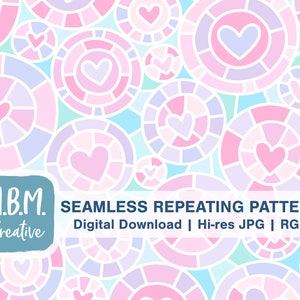 Stained Glass Hearts in Pastel Colors Seamless Repeat Pattern Commercial Use, Valentine's Day Seamless File, Doodle Love Digital Download