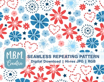 Fireworks & Flowers on White Seamless Repeat Pattern for Commercial Use, 4th of July Digital Download, Patriotic Seamless File