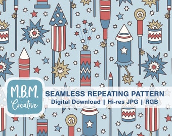 4th of July Fireworks in Muted Color Seamless Repeat Pattern Commercial Use, Patriotic Red White Blue Digital Download, Firecracker Seamless
