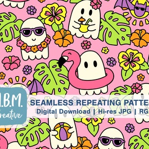 May include: A seamless repeating pattern featuring cute cartoon ghosts in various summer activities, including wearing leis, holding beach balls, and floating on pink flamingo pool floats. The background is a bright pink with tropical flowers, palm leaves, and a sun.